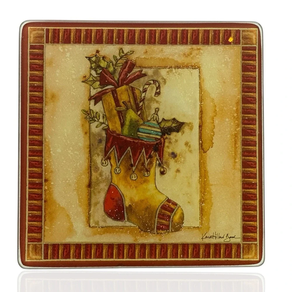 Vintage Glass Cutting Board Rustic Christmas Stocking Karen Hilliard Good 5 3/4